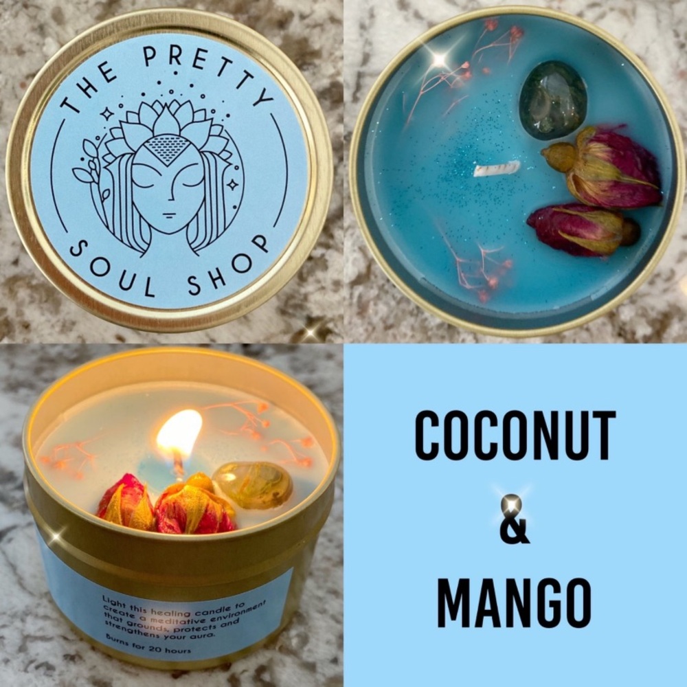 Coconut and mango scented tin candle